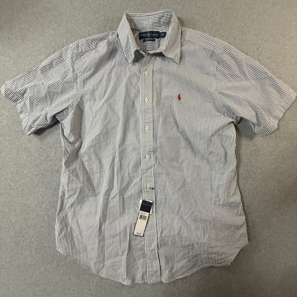 Ralph Lauren Mens Classic Fit Seersucker Stripe Short Sleeve Shirt Blue White L